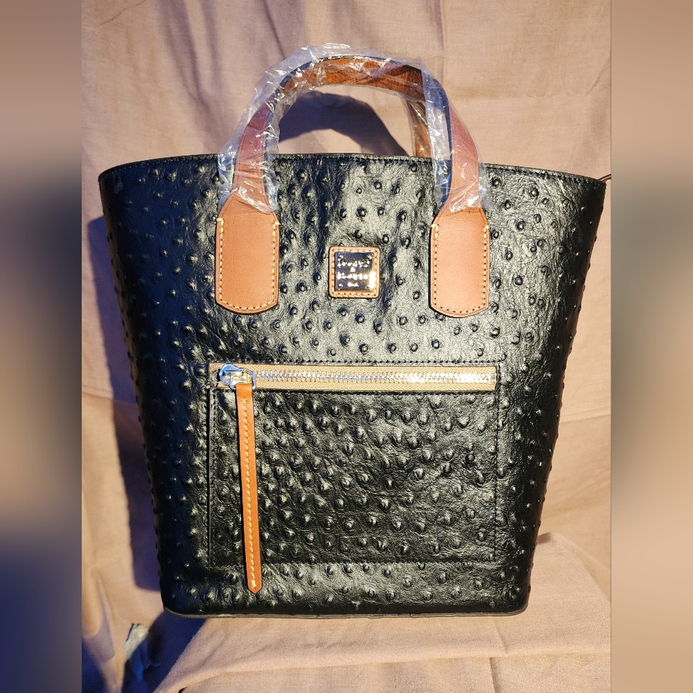 Dooney & Bourke Black and Tan Ostrich-Embossed Tote - Picture 2 of 9